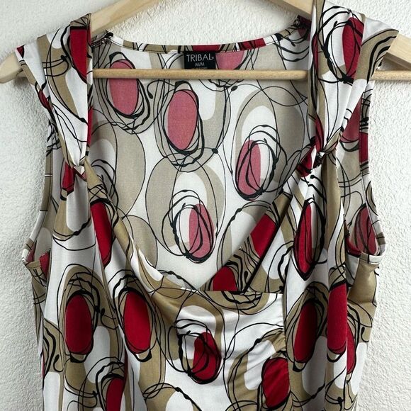 Tribal Women's M Drape Cowl Neck Sleeveless Top Abstract Red Gold Circle Print - Picture 3 of 9